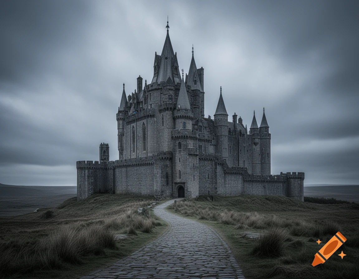A grand, dark gothic castle with multiple turrets stands on a hill under a cloudy sky, with a stone path leading to its entrance.