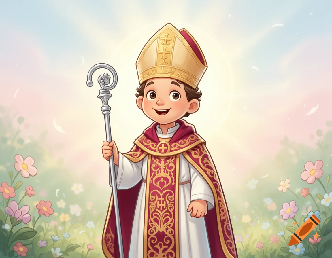 A happy cartoon child dressed as a pope with a golden mitre and a red and gold chasuble, holding a silver crosier, stands in a field of colorful flowers under a bright sky.