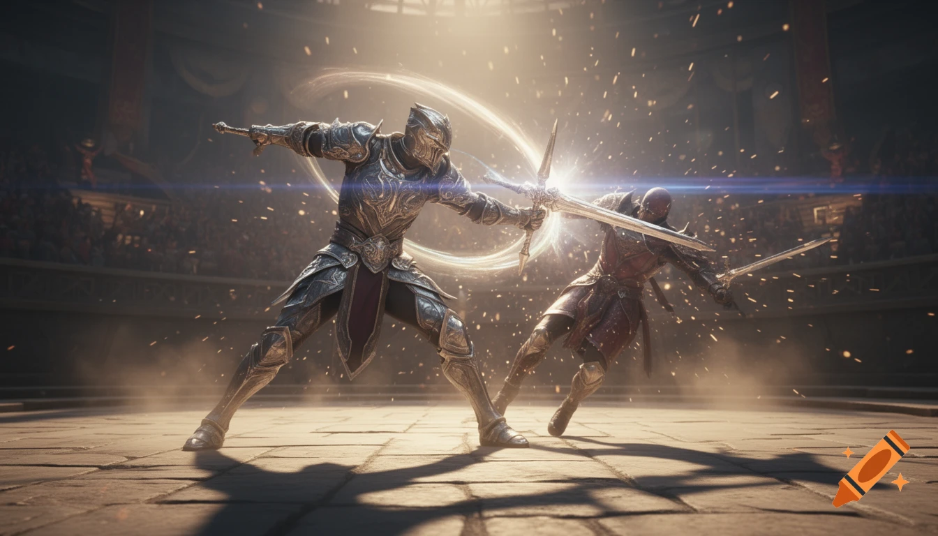 Two armored warriors battle with swords in a dramatic, cinematic fantasy arena scene with sparks and dynamic lighting.