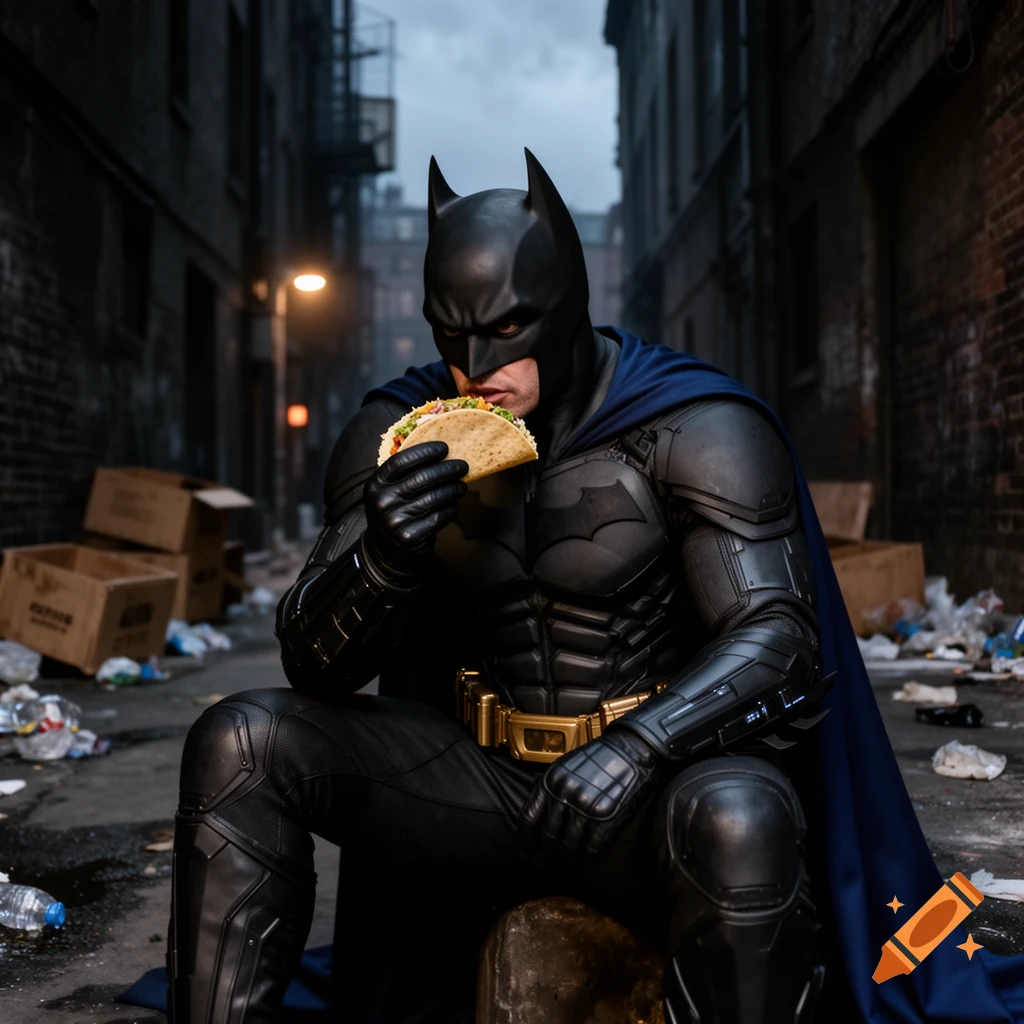 Batman, in his armored suit, crouches in a dark, trash-strewn alleyway, eating a taco. Photorealistic style.