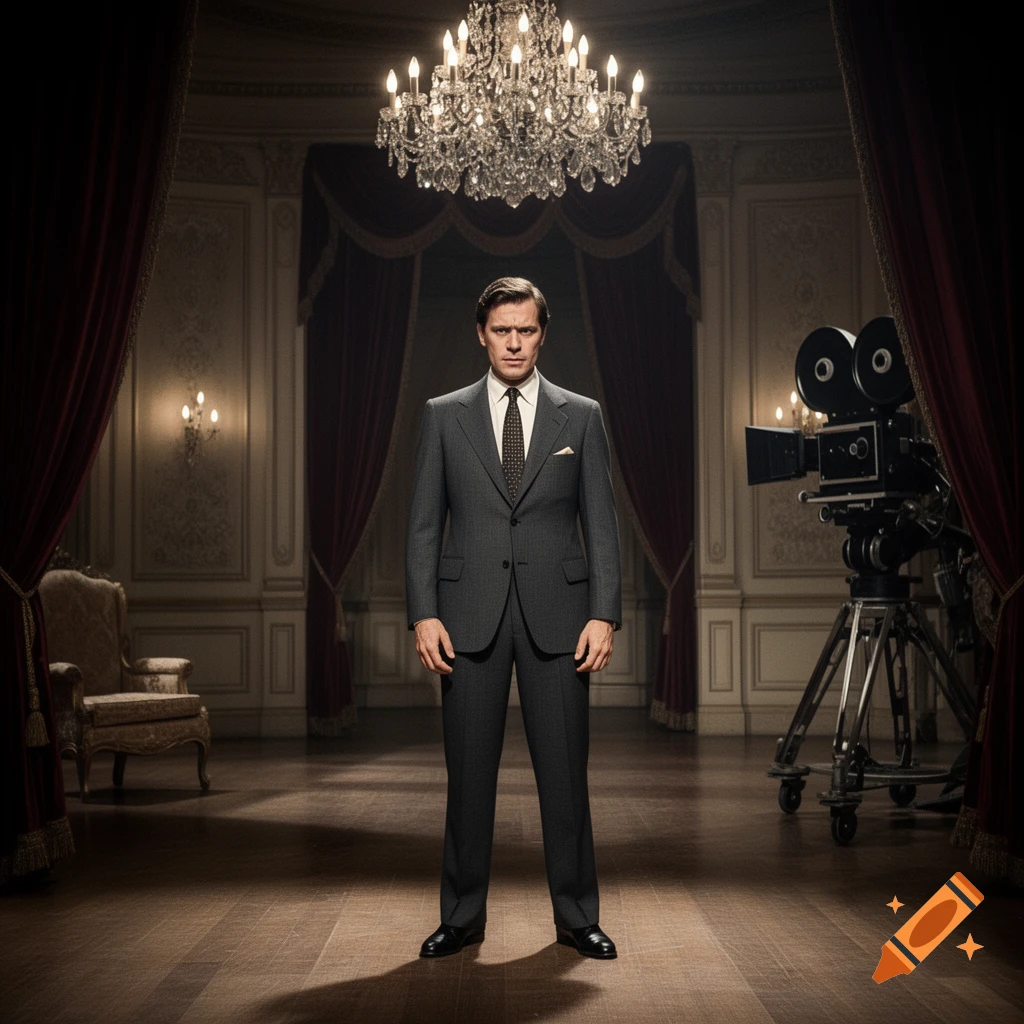 A man in a dark suit stands center in an ornate room under a chandelier, with an old film camera and red curtains.