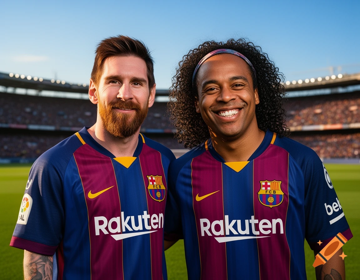 Photorealistic image of Lionel Messi and a player resembling Ronaldinho smiling in soccer jerseys on a stadium field.