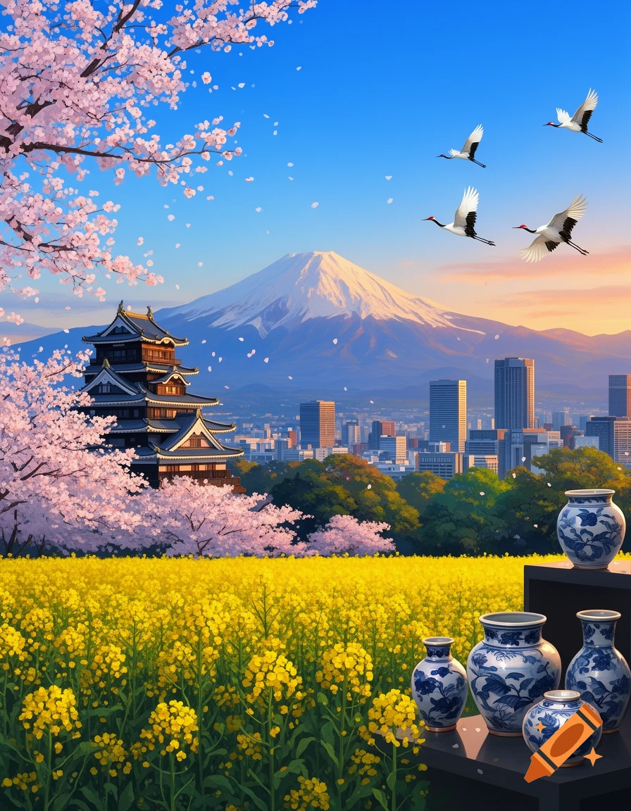A vibrant Japanese landscape featuring Mount Fuji, a traditional castle, and cherry blossoms over a field of yellow flowers, with cranes flying and blue vases in the foreground.