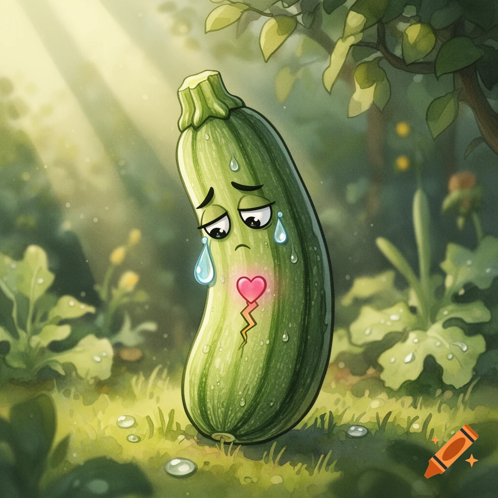 A cartoon zucchini with a sad expression and tears, featuring a broken pink heart on its body, stands in a lush green garden bathed in sunlight.
