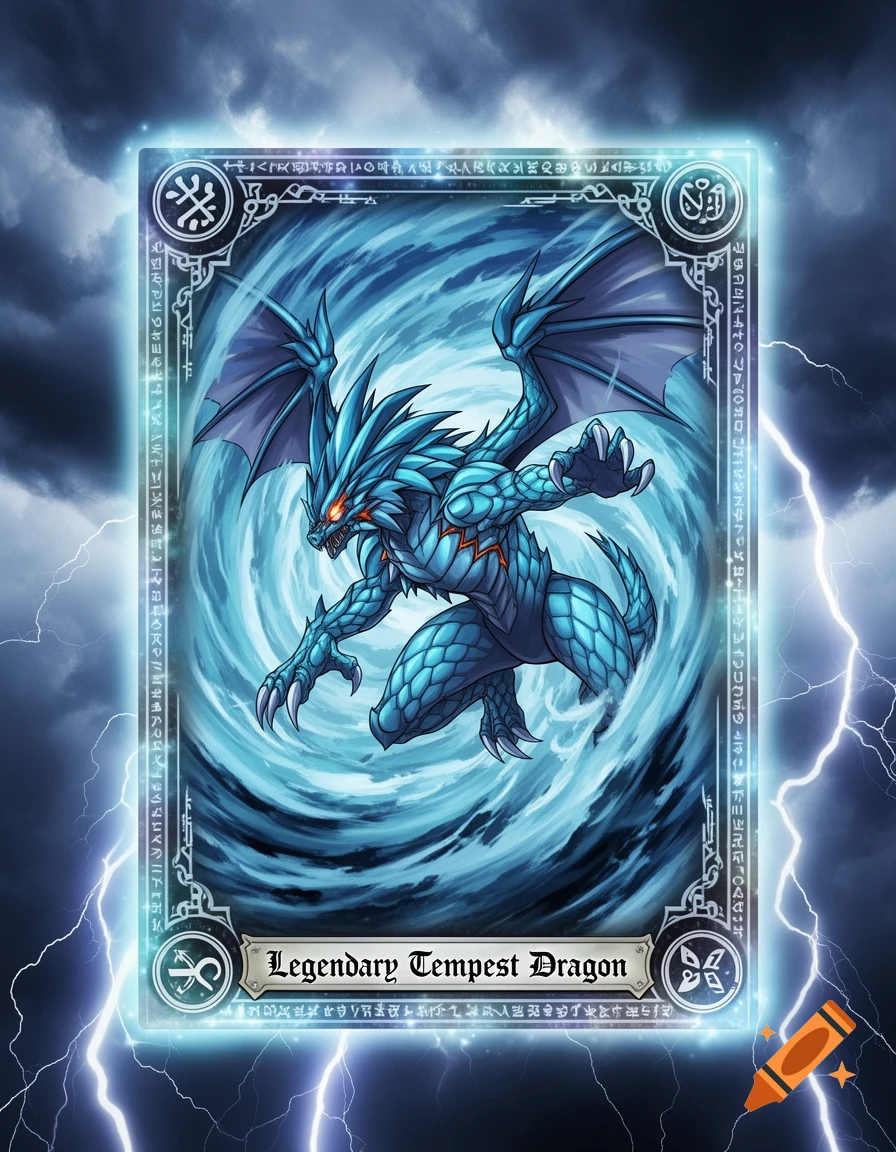 A blue winged dragon on a glowing trading card titled 'Legendary Tempest Dragon', surrounded by lightning against a stormy sky.