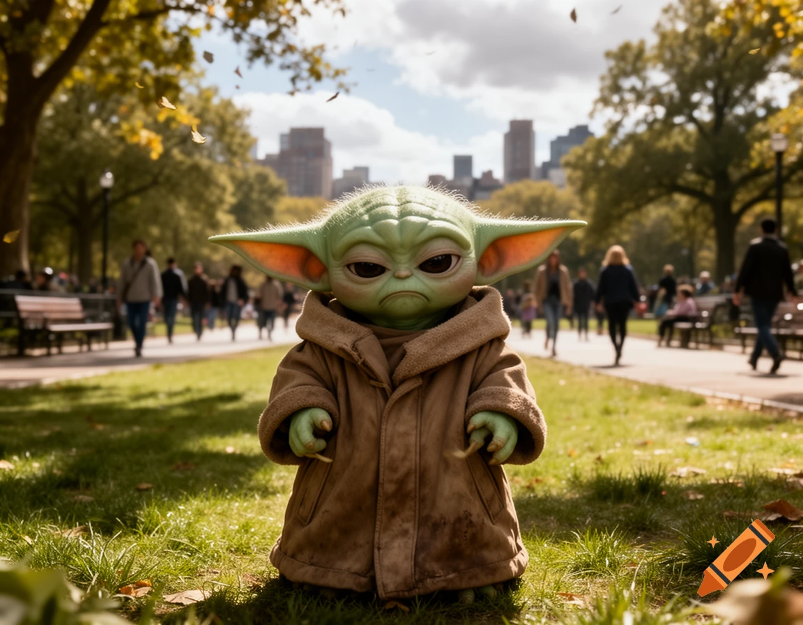 A realistic, grumpy Baby Yoda stands in a sunny city park with people walking in the blurred background.