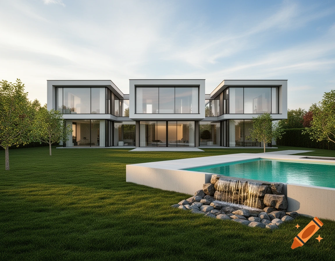 A luxurious modern house with large windows, a green lawn, and a swimming pool with a rocky waterfall.