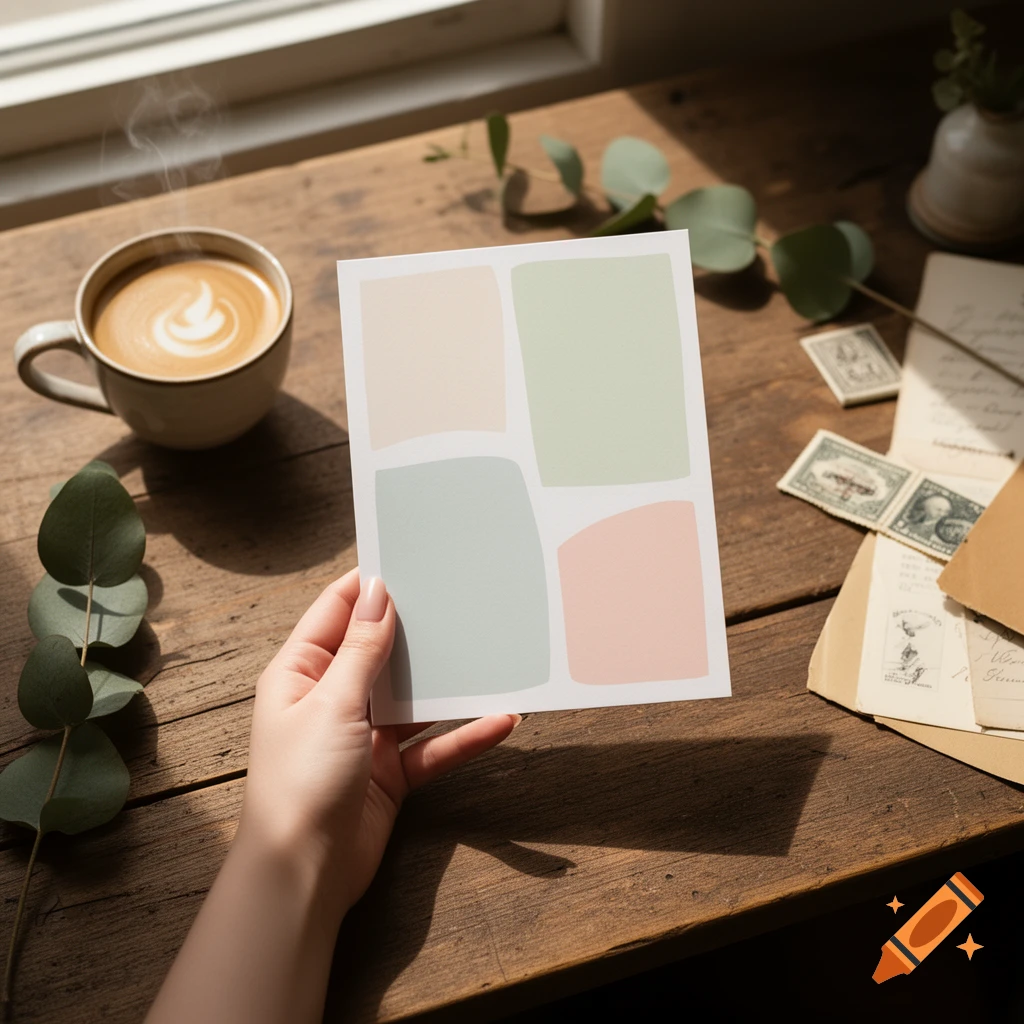 A hand holds a minimalist art print greeting card with pastel color blocks on a sunlit wooden desk with a steaming coffee cup and old letters.