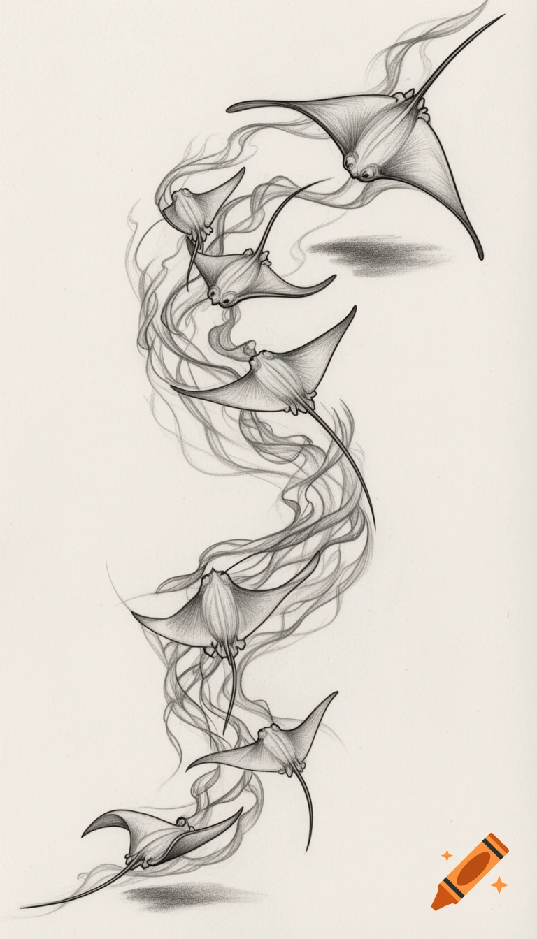 Pencil sketch of multiple manta rays swimming upwards in a winding path, leaving smoky trails and casting subtle shadows.