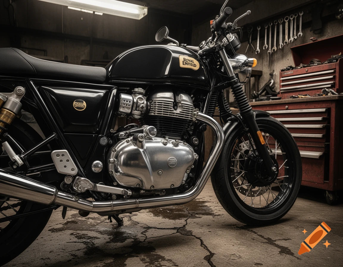 A black classic-style Royal Enfield motorcycle with chrome accents is parked in a rustic garage filled with tools on shelves.