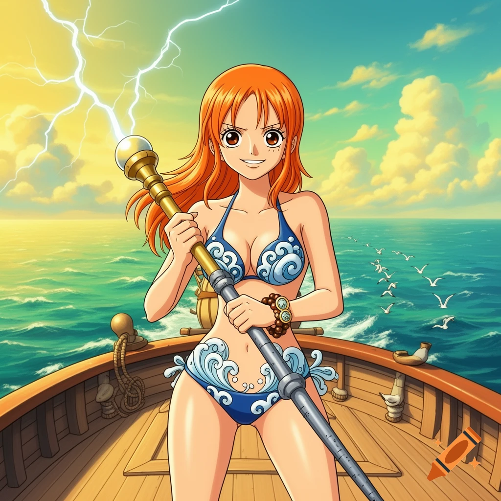 Anime character Nami in a blue bikini stands on a wooden boat, holding a staff as lightning strikes in a cloudy sky over the ocean.
