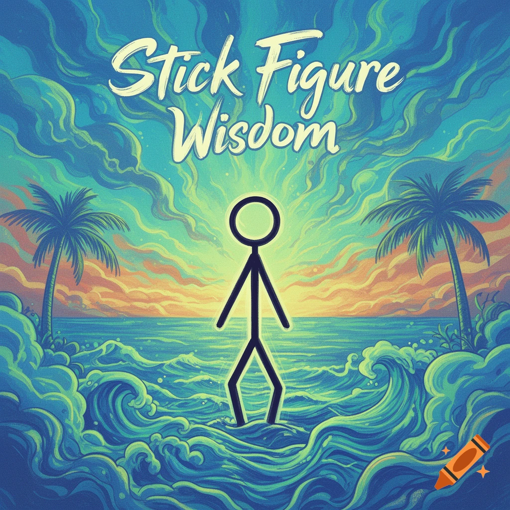 Stylized illustration of a stick figure standing in ocean waves with palm trees at sunset. Text: 'Stick Figure Wisdom'.
