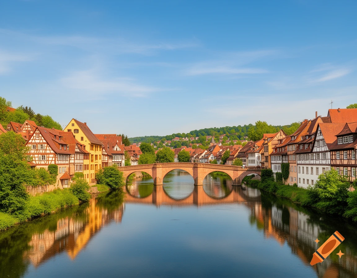 A picturesque European town with half-timbered houses lining a calm river, spanned by an arched bridge under a clear blue sky.