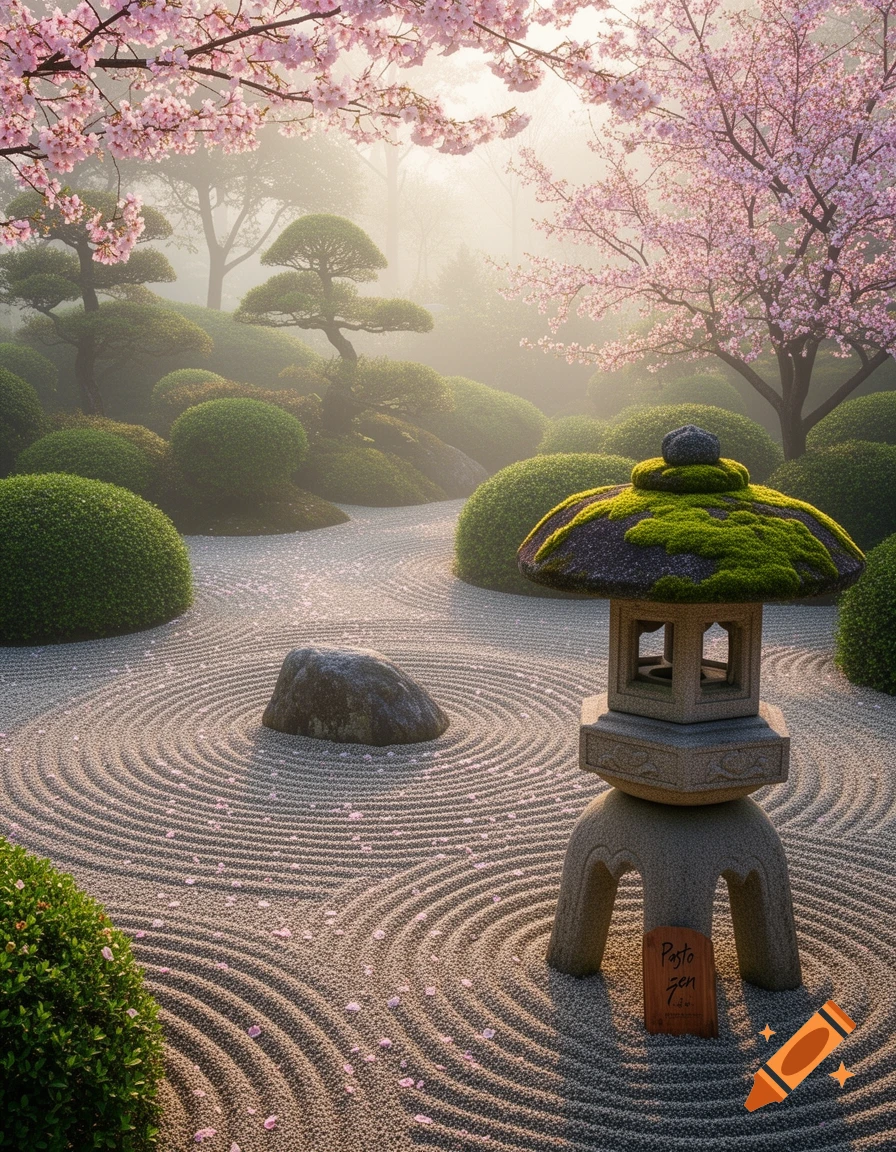 A serene Japanese zen garden with a stone lantern, raked sand, a large rock, and pink cherry blossoms under a soft, misty sky.
