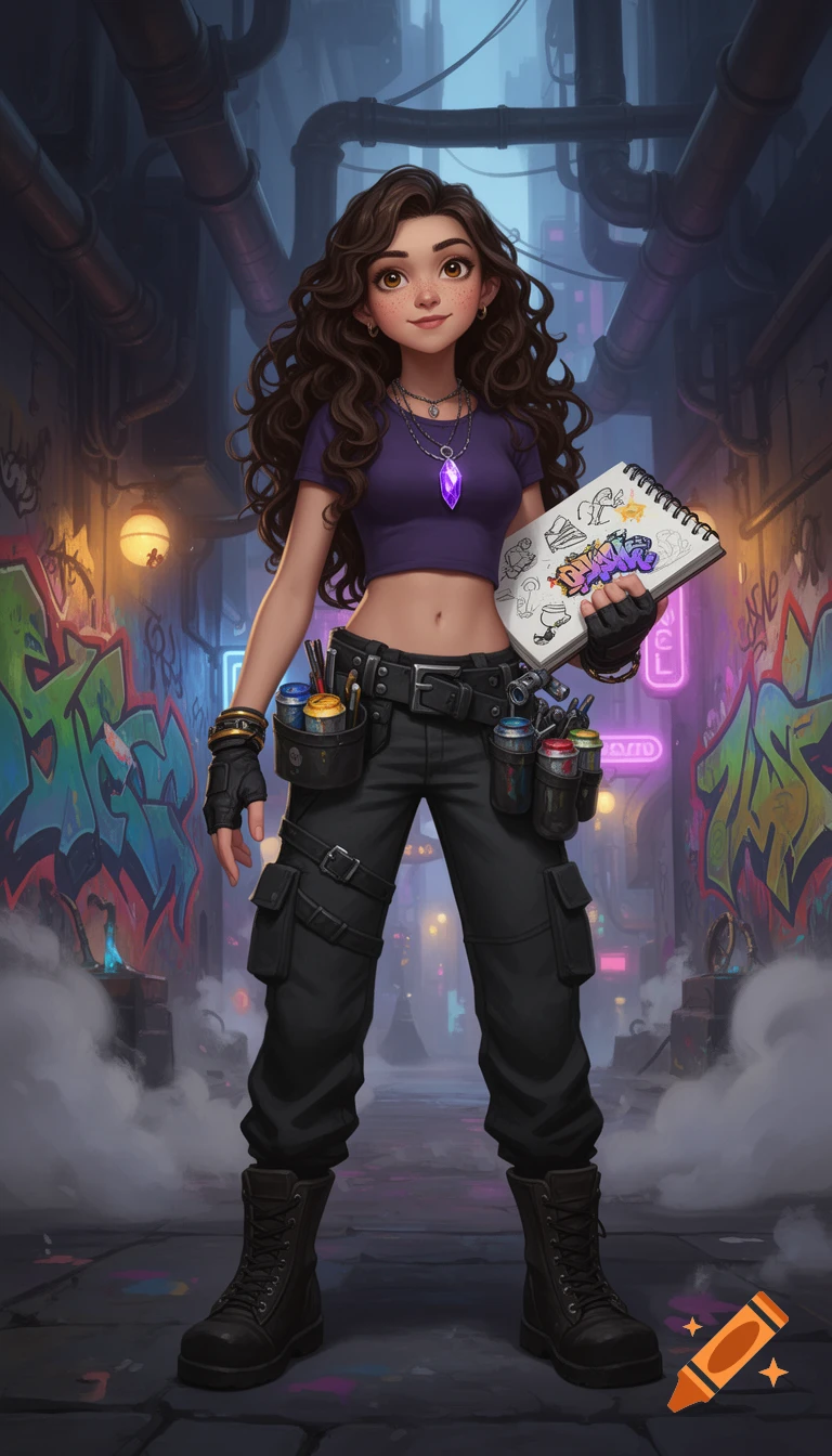 A cartoon-style girl with curly brown hair, wearing a purple crop top and black cargo pants, stands in a graffiti-filled alley, holding a sketchbook.