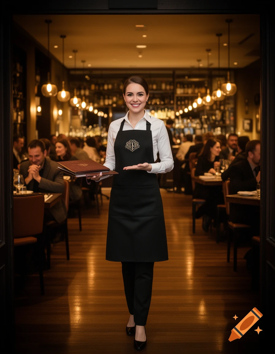 A smiling restaurant hostess in a black apron and white shirt holds menus, standing in a well-lit upscale restaurant with blurred patrons.
