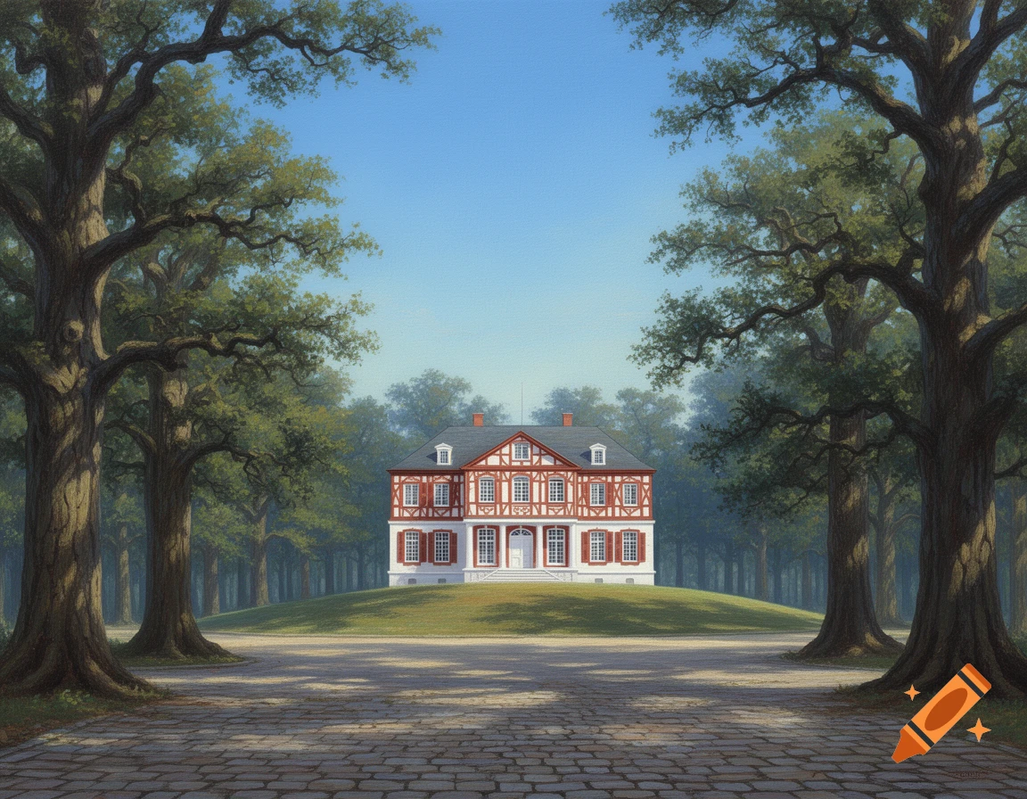 A painting of a white and red half-timbered manor house on a grassy hill, framed by large oak trees and a cobbled path.