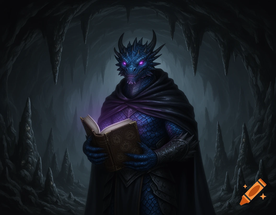 A blue-scaled dragonborn in a dark cloak with glowing purple eyes reads a magical spellbook in a shadowy cave.