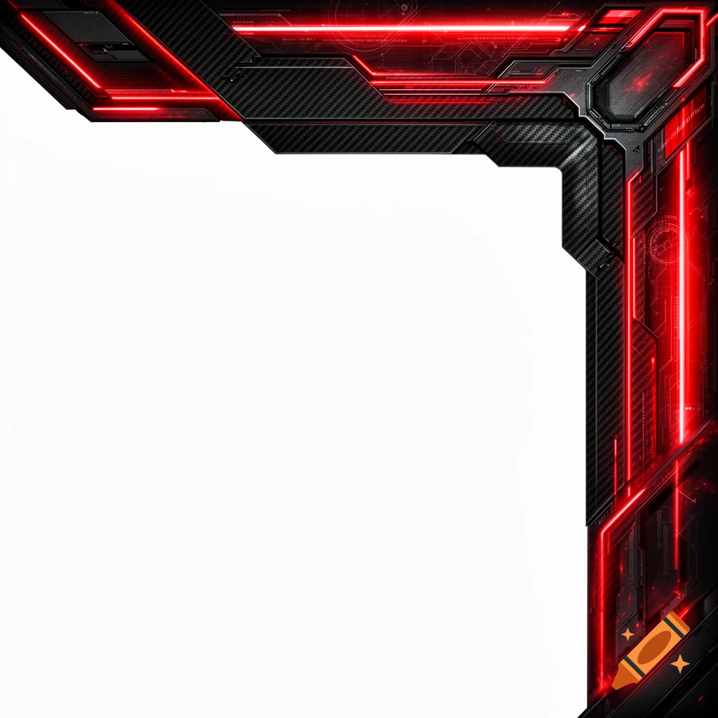 Futuristic cyber assassin themed webcam overlay, black carbon fiber and glowing red neon lines forming a top-right corner frame with circuitry.