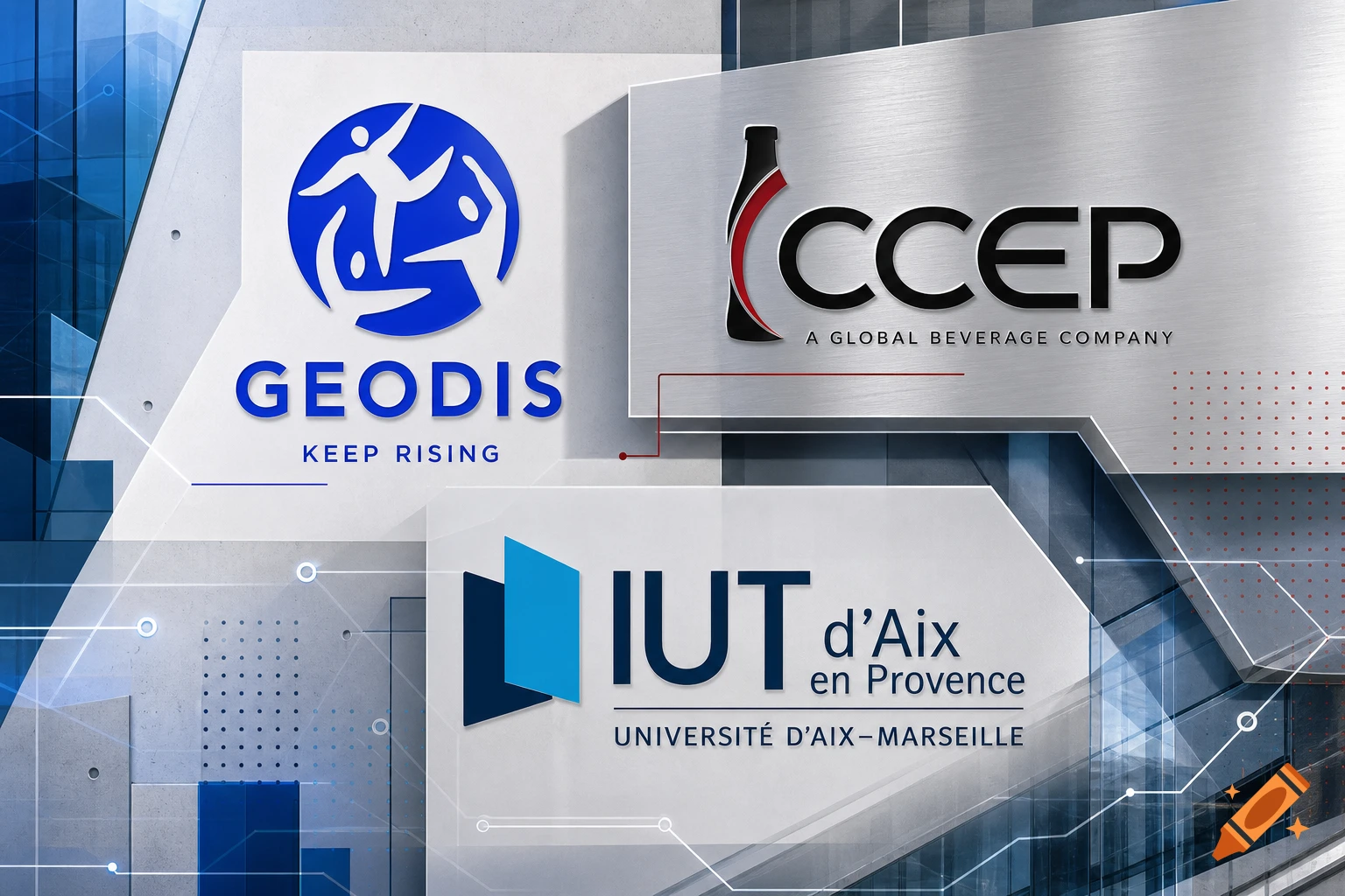 Corporate logos for Geodis, CCEP, and IUT d'Aix en Provence displayed on a modern, geometric background.