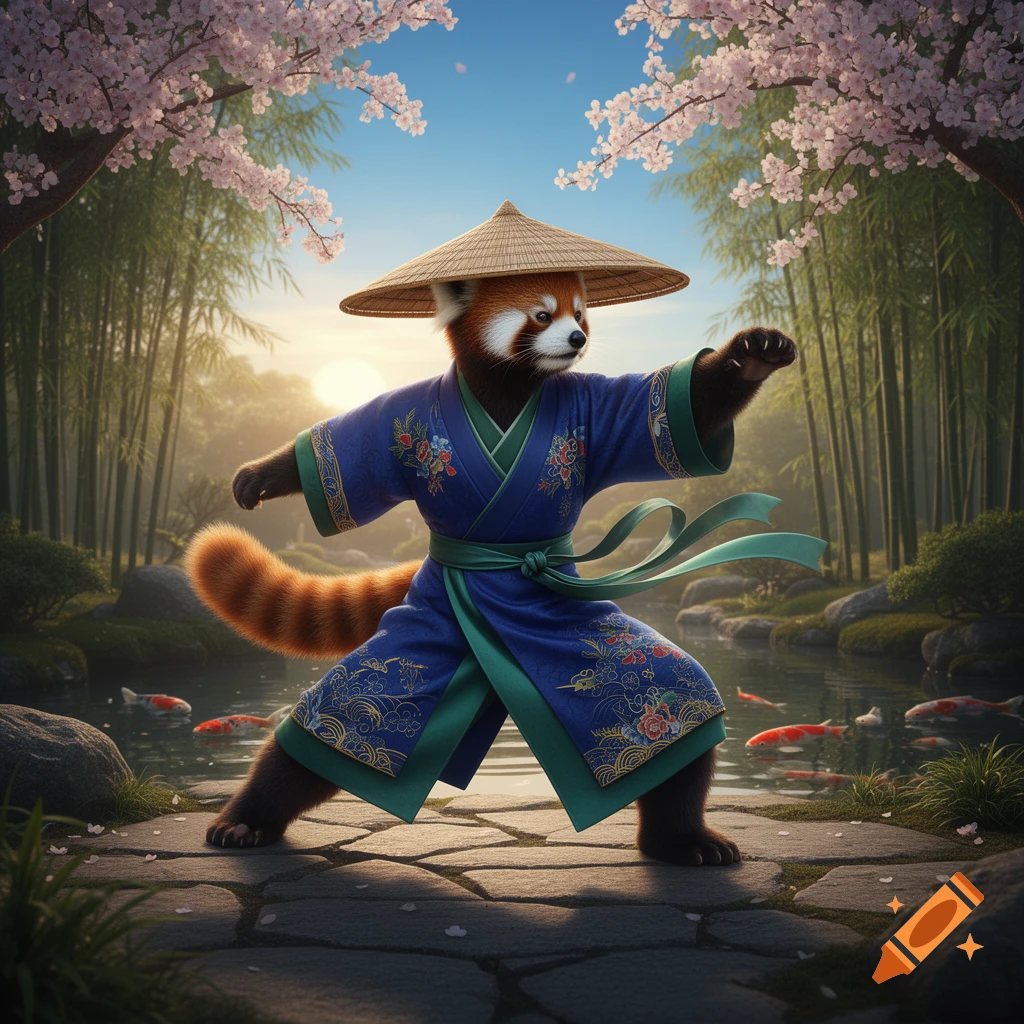 A red panda in a blue kimono and straw hat in a martial arts pose in a Japanese garden with cherry blossoms and koi pond at sunrise.