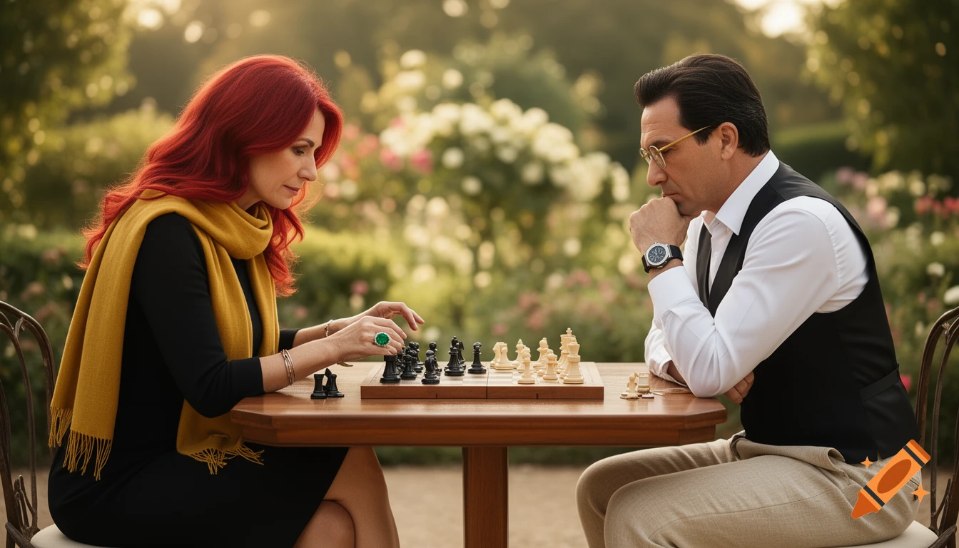 A mature red-haired woman and a man play chess in a sunny outdoor garden. She wears a yellow scarf, he wears glasses and a vest.