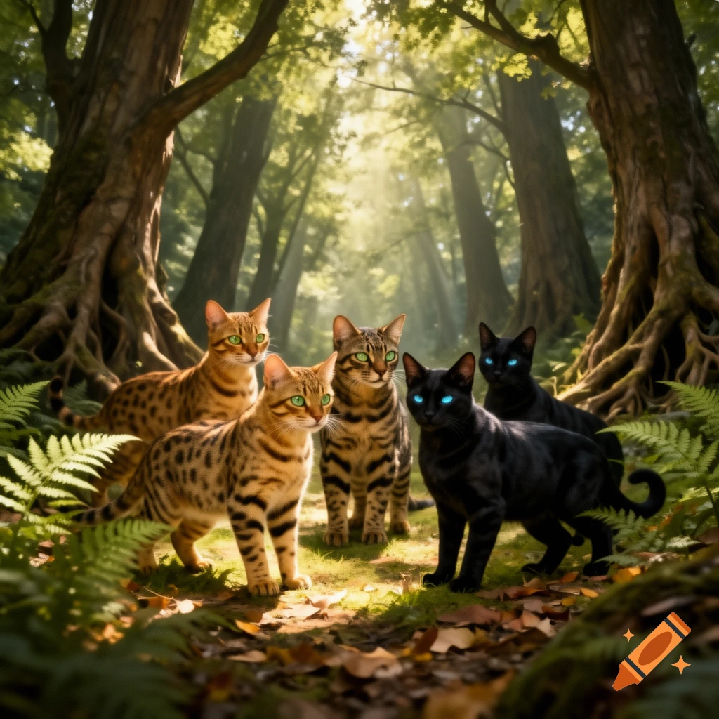 Five cats, three spotted and two black with glowing blue eyes, stand together in a sun-dappled forest.