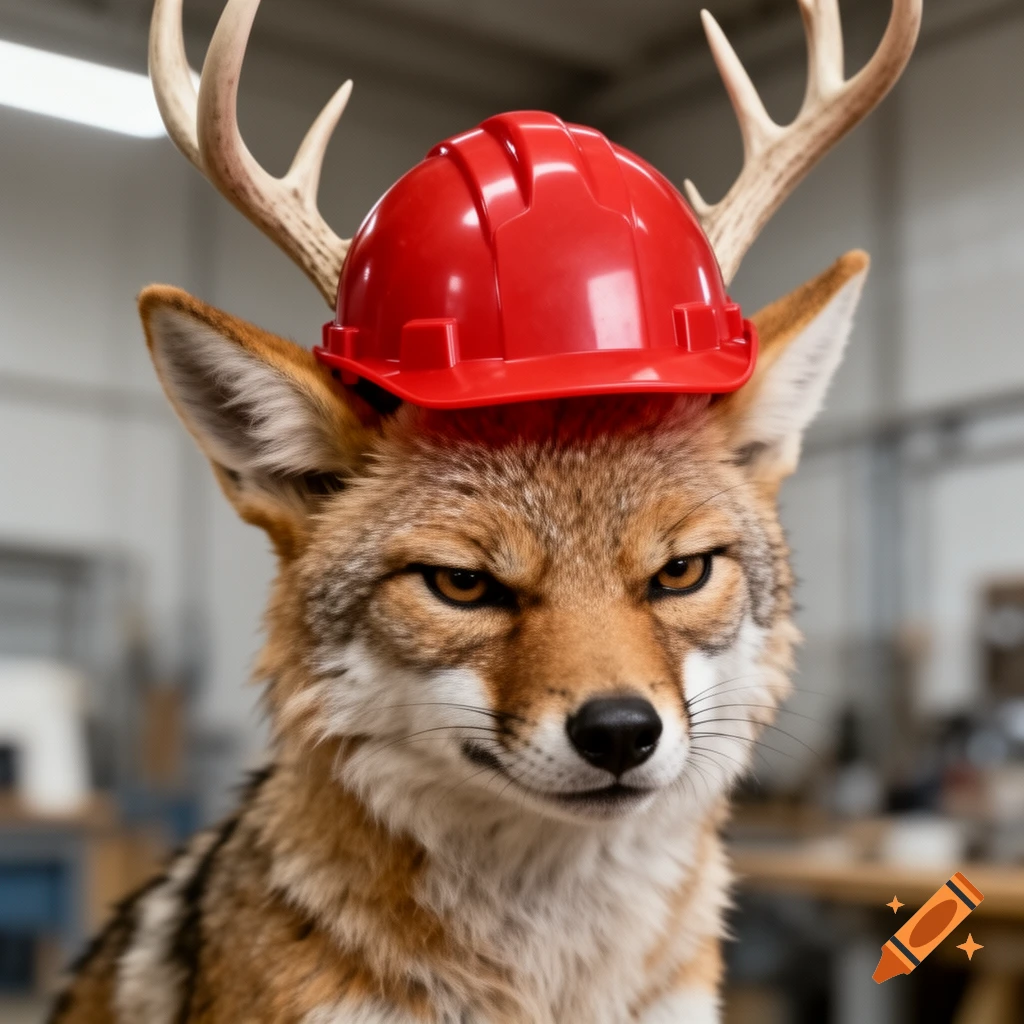 A grumpy coyote-like jackalope creature wearing a red hard hat, with antlers protruding from behind the hat.