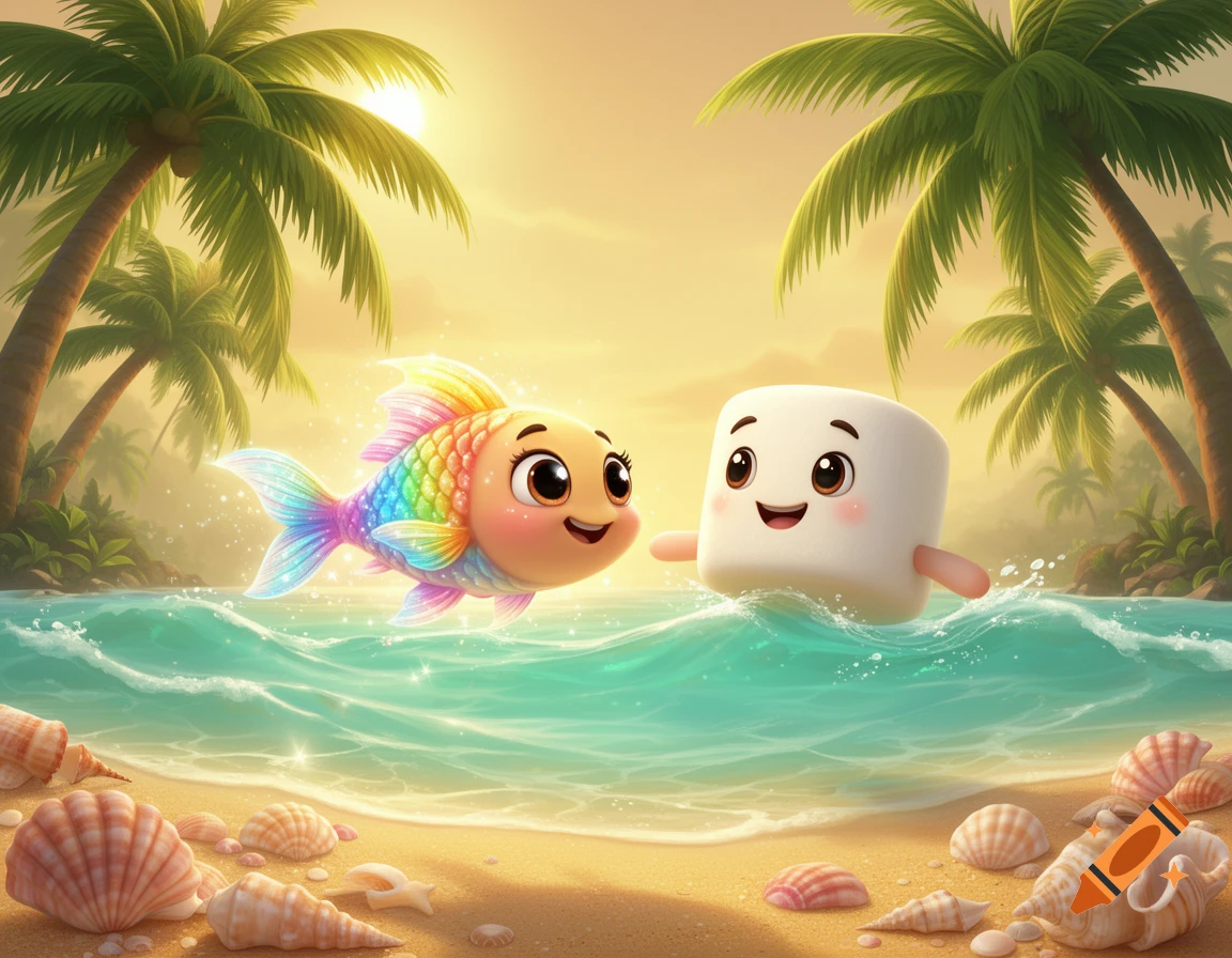A cheerful cartoon rainbow fish and a marshmallow character swim in clear blue water at a sunny beach with palm trees and seashells.