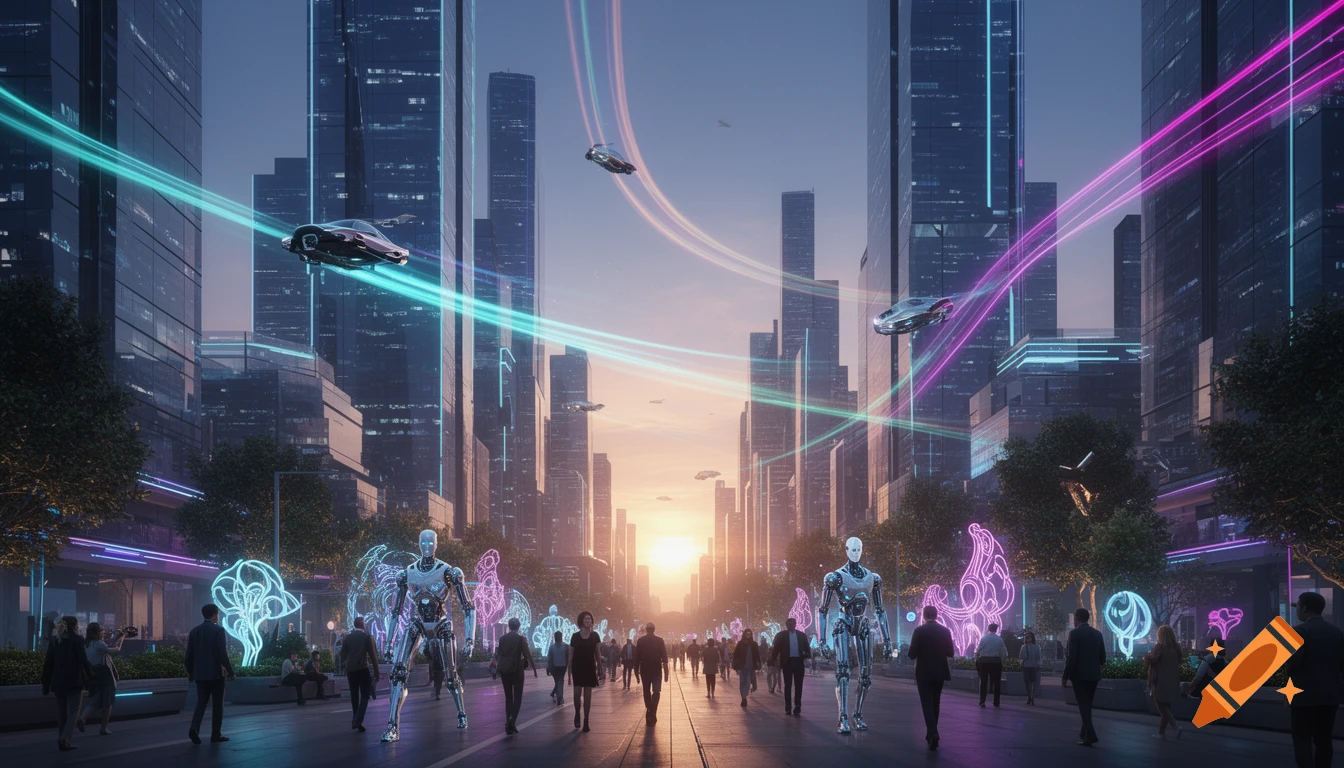 A futuristic cityscape at sunset with tall skyscrapers, flying cars, neon light trails, and a mix of humans and robots walking on a wide street.