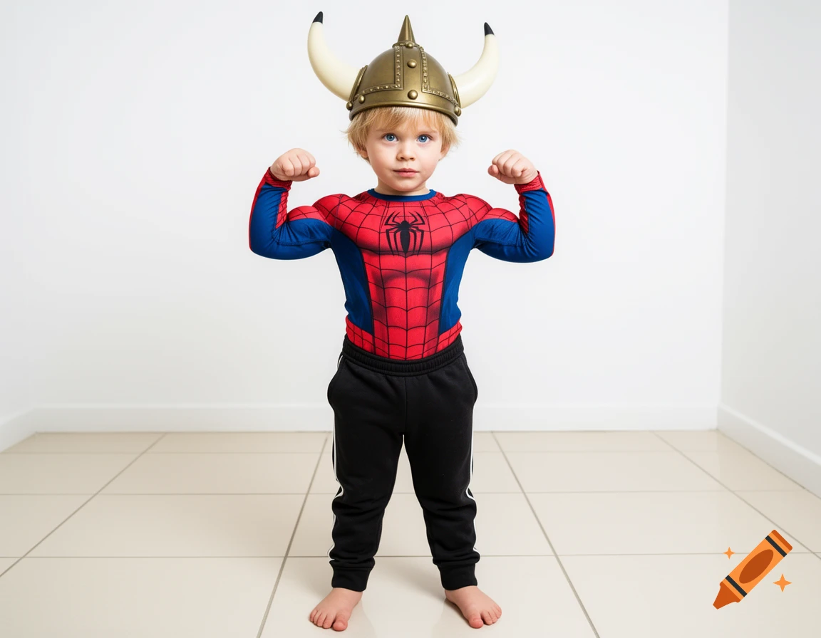 A young boy in a Spider-Man suit and Viking helmet flexes his arm muscles in a white room with tiled floor.