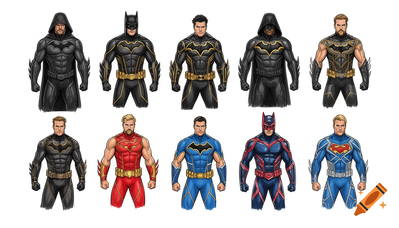 Ten male figures in two rows, showcasing superhero-inspired costumes with bat symbols and an 'S' shield, against a white background.
