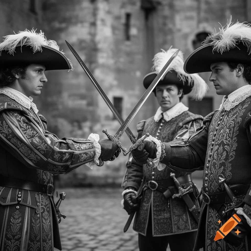 Three men in elaborate historical musketeer costumes and feathered hats crossing swords in a dramatic black and white scene.