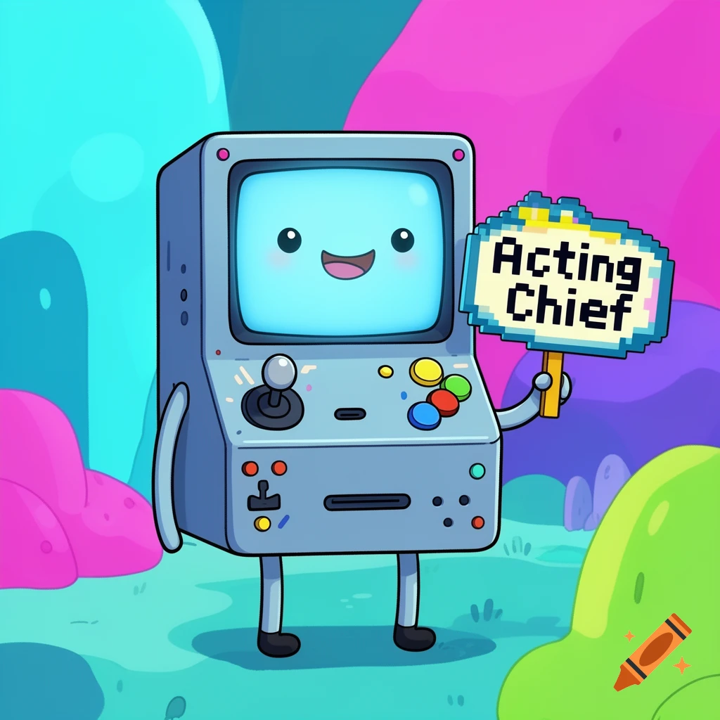 A cartoon blue video game console character, BMO, holds a pixelated sign reading "Acting Chief" in a vibrant, whimsical landscape.