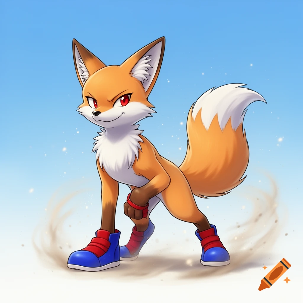 An anime-style orange fox with red eyes and red and blue shoes stands ready against a light blue sky.
