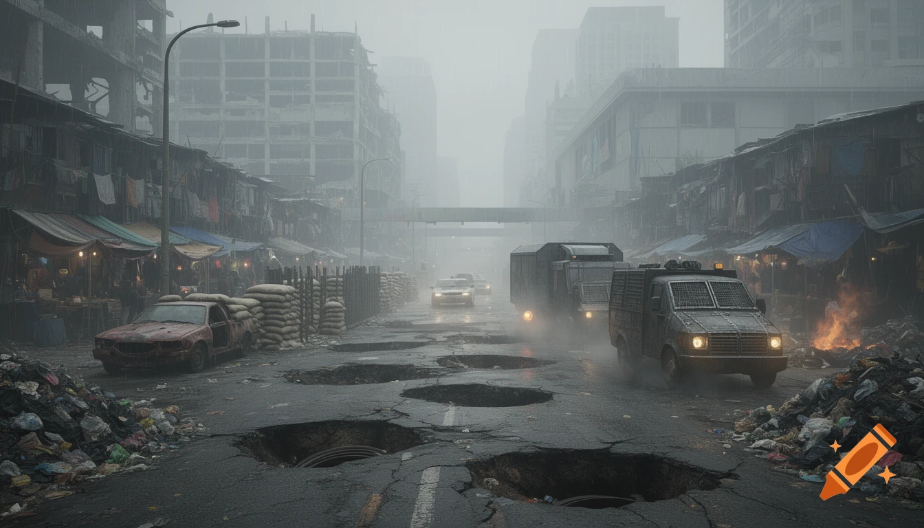 A desolate, fog-shrouded dystopian city street with deep potholes, trash, dilapidated market stalls, and armored vehicles. Photorealistic.