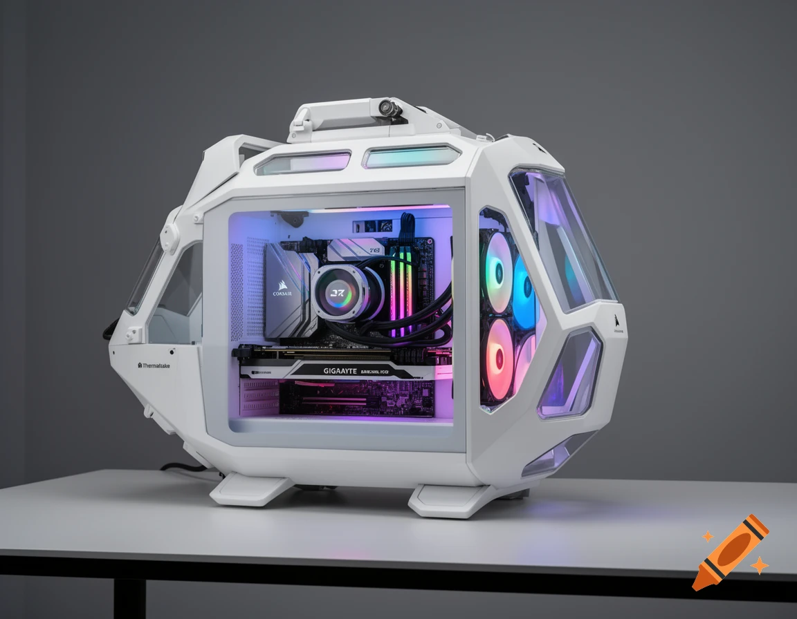 A white, military helicopter-inspired Thermaltake gaming PC case with RGB lights inside, sitting on a clean desk.