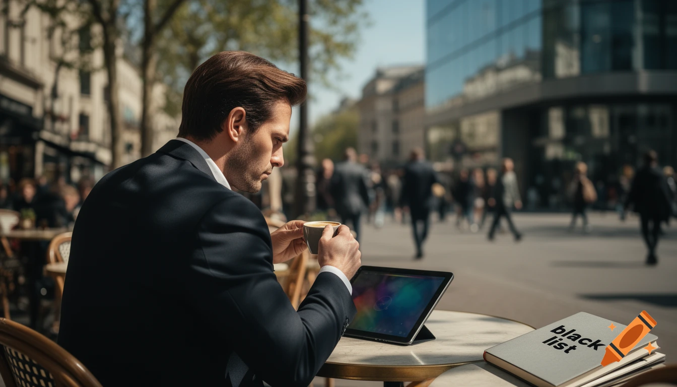 A man in a suit sits at an outdoor cafe table, holding a coffee cup, with a tablet and a book titled 'black list' next to him, a busy city street in the blurred background.