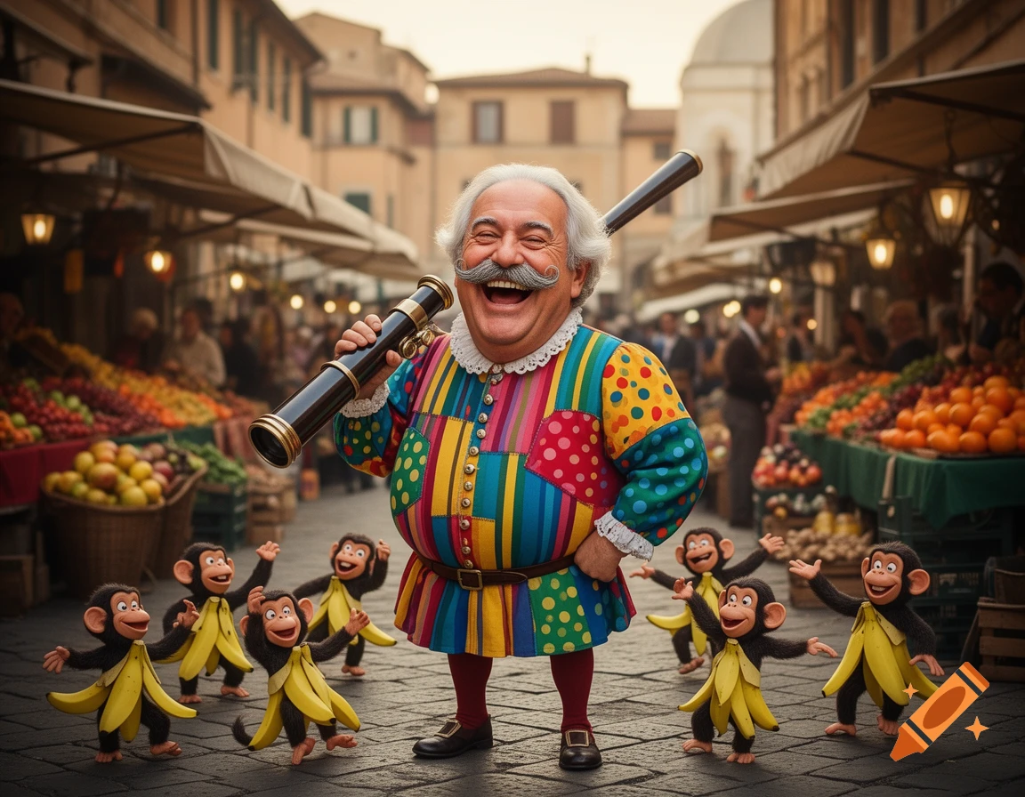 A jovial man in a colorful costume with a telescope laughs in an Italian market, surrounded by dancing monkeys in banana costumes.