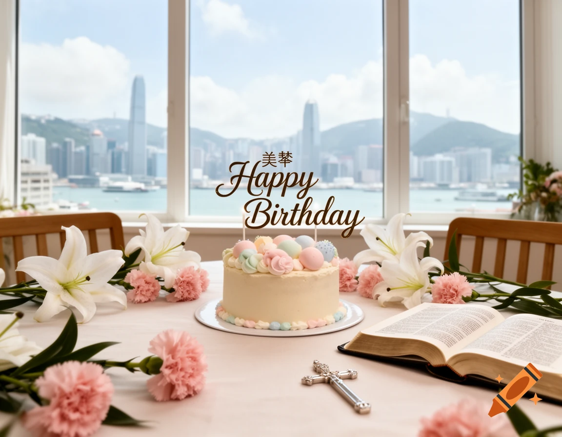 Photorealistic image of a birthday cake with 'Happy Birthday 美琴' topper, lilies, carnations, an open Bible, and a cross, set against a Hong Kong cityscape.