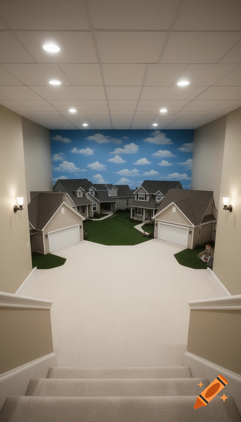 A carpeted indoor room with stairs descending, revealing a miniature suburban neighborhood built into the far wall with a painted blue sky.