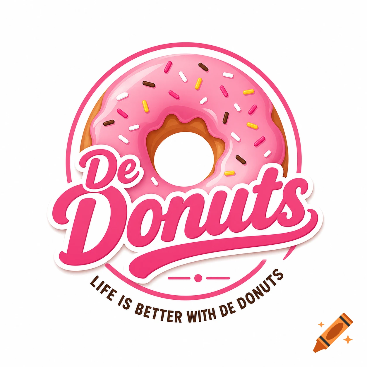 Pink donut logo for 'De Donuts' with pink icing, sprinkles, and the slogan 'Life is better with De Donuts'.