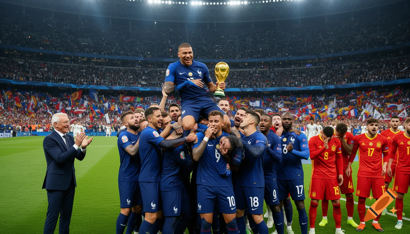 Photorealistic image of the French football team celebrating their World Cup victory, with Mbappé holding the trophy aloft on teammates' shoulders, Didier Deschamps applauding, and the Spanish team looking dejected.