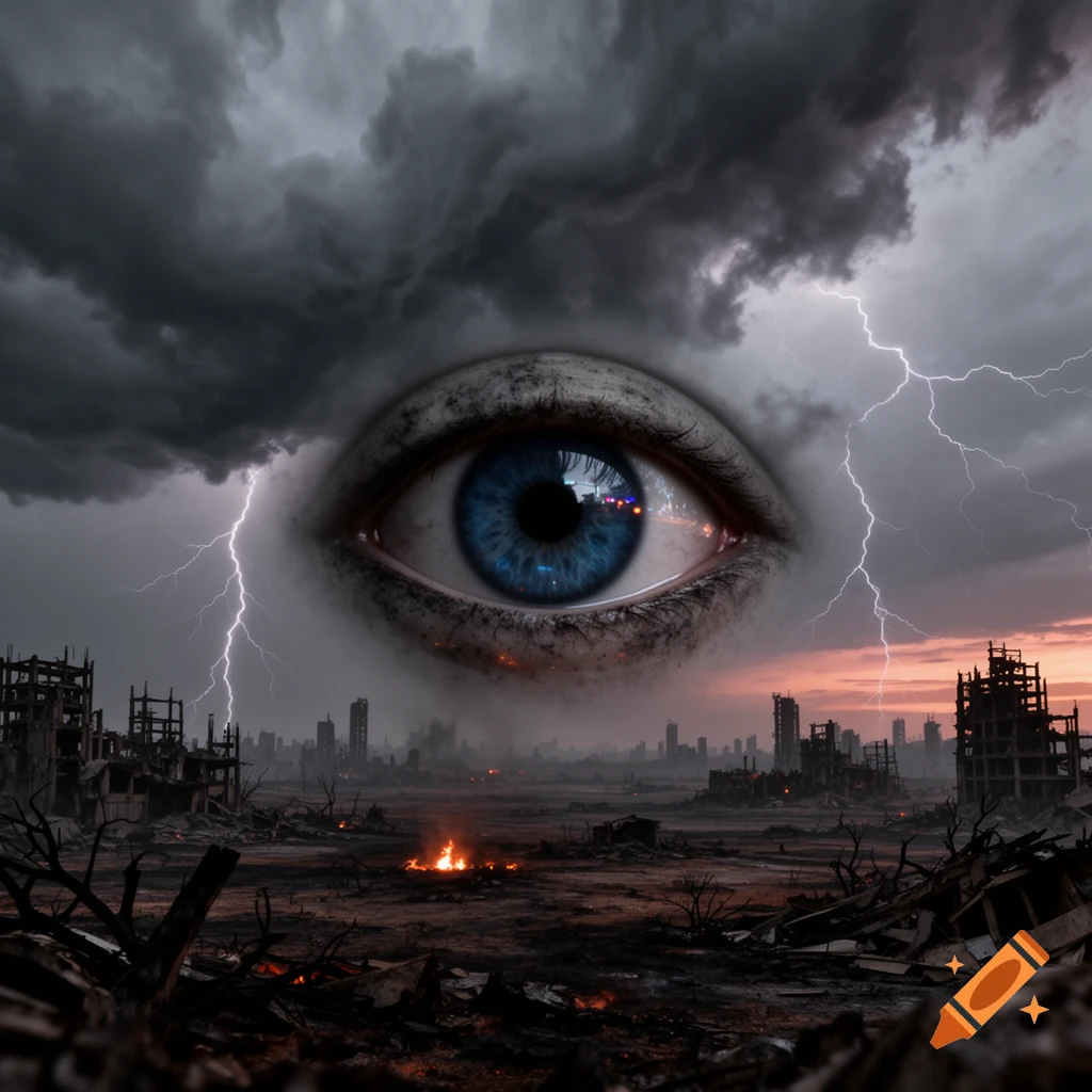 A giant blue eye gazes over a ruined, burning city under a dark, stormy sky with lightning, creating an ominous, surreal scene.