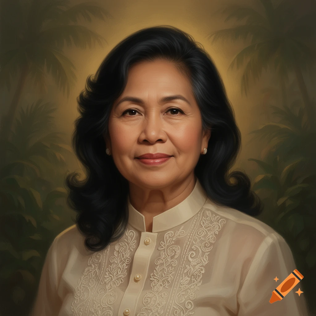 A lifelike digital portrait of a middle-aged Filipina woman with dark hair, wearing a cream embroidered blouse, against a painterly green background.