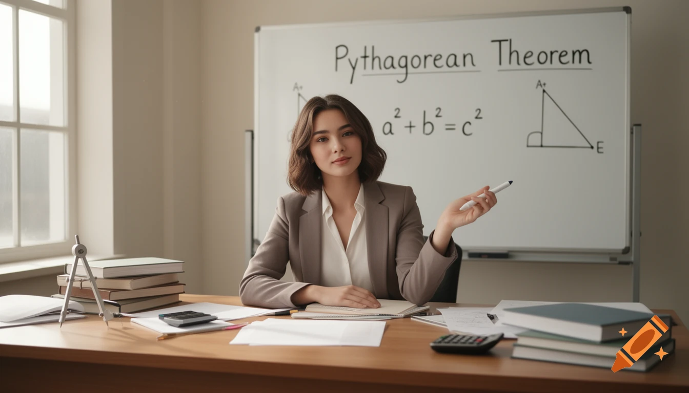 A young woman in a blazer sits at a desk, pointing to a whiteboard displaying the Pythagorean Theorem and an equation.