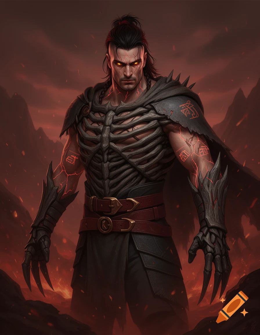 A fierce dark fantasy warrior with glowing ember eyes and a bony chest armor stands in a fiery, desolate landscape, featuring red glowing sigils on his arms and shoulders.