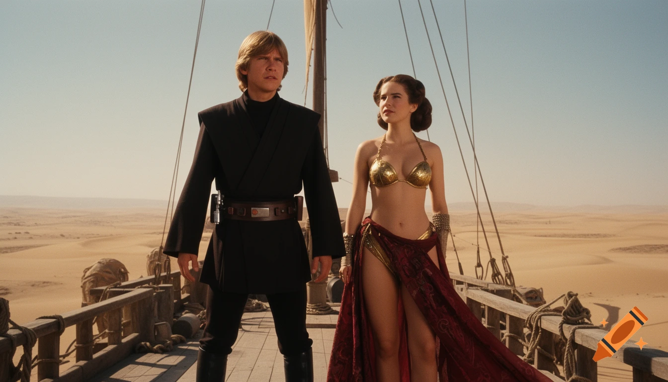 Luke Skywalker and Princess Leia in her gold bikini stand on Jabba's Sail Barge in the desert, cinematic style.