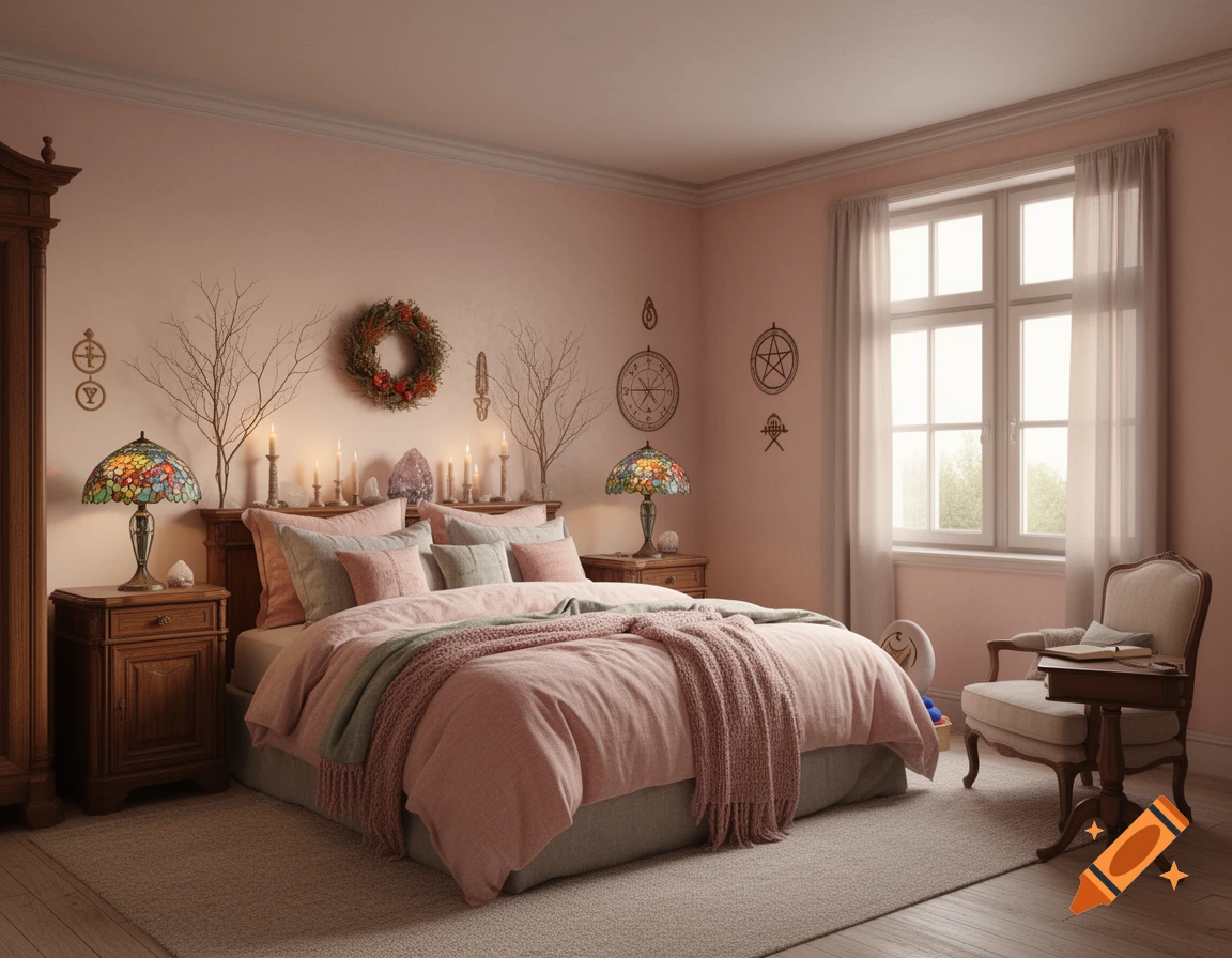 A cozy bedroom with pink walls and bedding, vintage wooden furniture, two Tiffany-style lamps, and Wiccan-inspired decor.