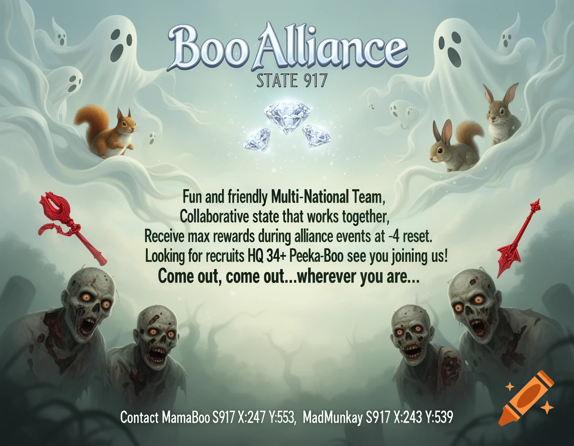 A recruitment poster for "Boo Alliance STATE 917" featuring stylized ghosts, squirrels, rabbits, diamonds, and zombies against a misty backdrop, with contact information.
